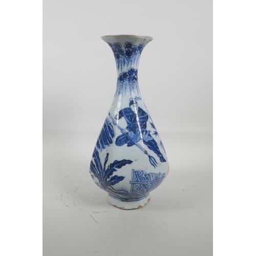 25 - A Chinese blue and white pottery octagonal pear shaped vase decorated with warriors hunting a tiger,... 