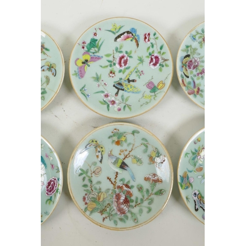 43 - Six early C19th Chinese celadon famille rose porcelain plates, with enamel decoration of butterflies... 