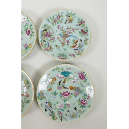 43 - Six early C19th Chinese celadon famille rose porcelain plates, with enamel decoration of butterflies... 