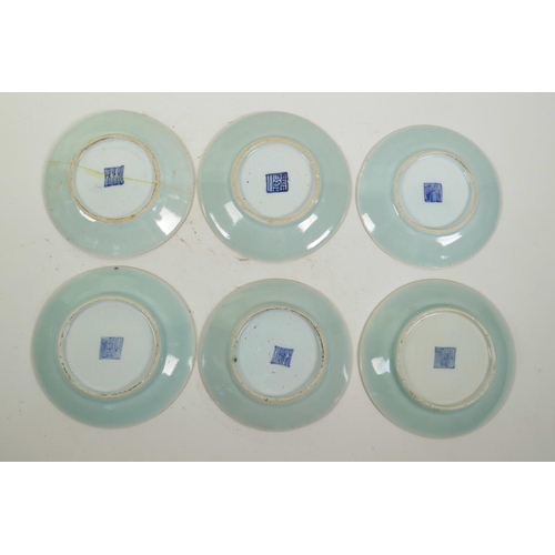 43 - Six early C19th Chinese celadon famille rose porcelain plates, with enamel decoration of butterflies... 