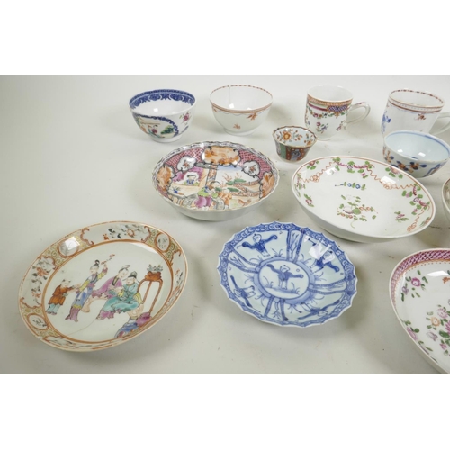 44 - A quantity of C18th Chinese export porcelain tea bowls, tea cups and saucers, with famille rose, blu... 