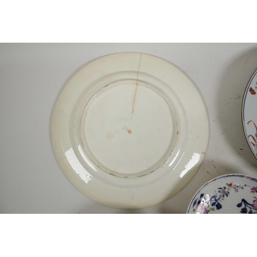 45 - Four C18th Chinese export porcelain plates in the Imari and famille rose style, and an early C19th D... 