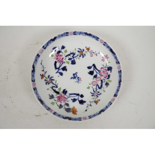 45 - Four C18th Chinese export porcelain plates in the Imari and famille rose style, and an early C19th D... 