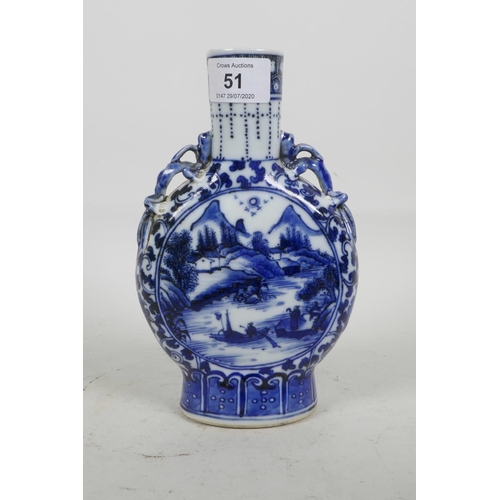 51 - A Chinese blue and white porcelain moon flask with dragon handles, decorated with lake scenes and fi... 