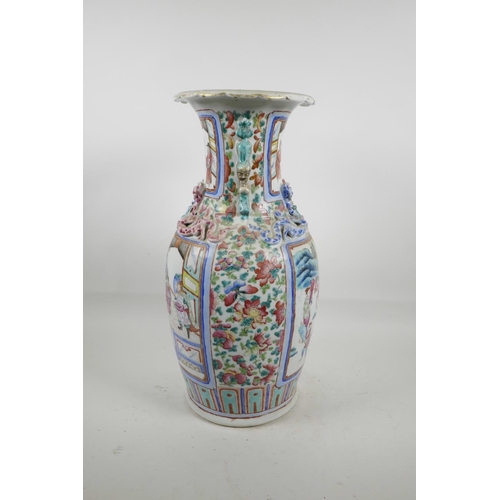 52 - A C19th Chinese export famille rose porcelain baluster vase, with twin moulded handles, raised drago... 