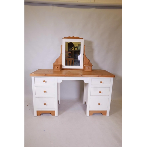 1822 - A painted pine six drawer kneehole dressing table with removable mirrored top, 56