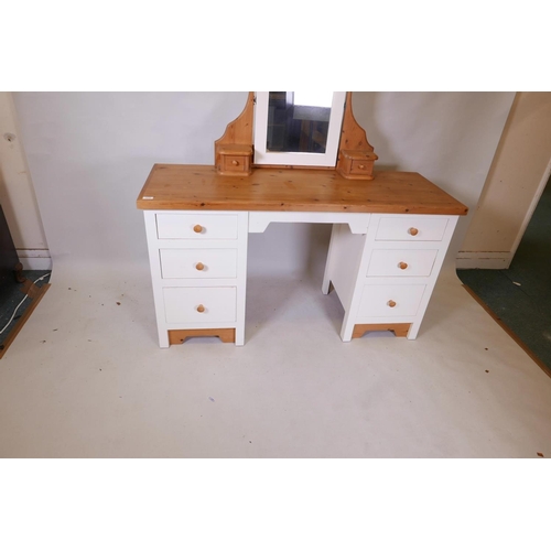 1822 - A painted pine six drawer kneehole dressing table with removable mirrored top, 56