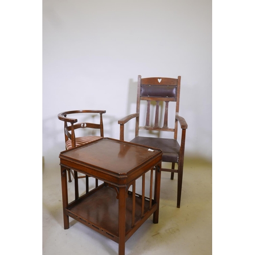 1825 - An Arts & Crafts elbow chair, a corner chair with bow back and a two tier mahogany occasional table ... 