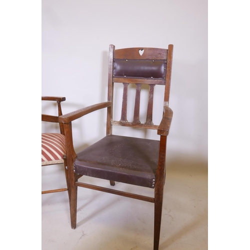 1825 - An Arts & Crafts elbow chair, a corner chair with bow back and a two tier mahogany occasional table ... 