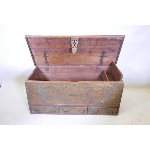 1847 - A C19th teak Zanzibar chest with brass stud and banded decoration, 50