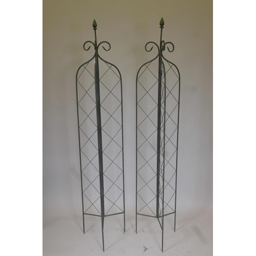 2 - A pair of trifold green painted metal garden sweet pea/bean spires, 72