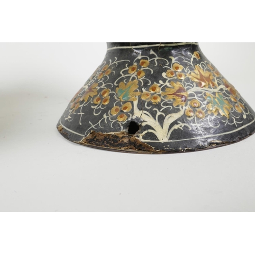 41 - A Kashmiri papier mâché and brass hookah base, and another similar, decorated with birds amongst gil... 