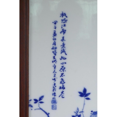 43 - A pair of Chinese blue and white porcelain panels in hardwood frames, decorated with birds amongst f... 