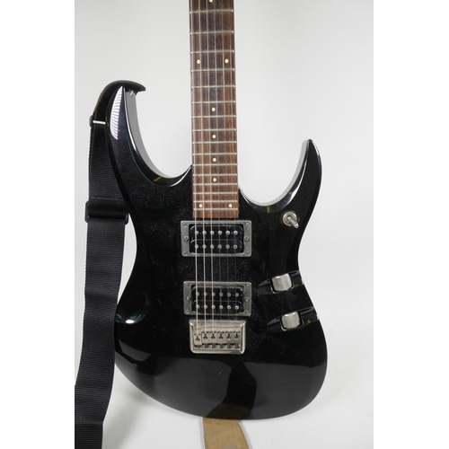 54 - A Washburn Maverick F1-HT electric guitar with black super strat body and rosewood finger board, 40