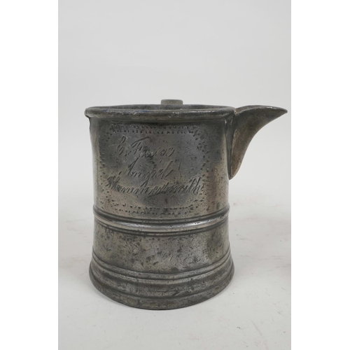 59 - An C18th pewter tankard repurposed to a jug in the mid C19th and belonging to Edwin Faux, landlord o... 