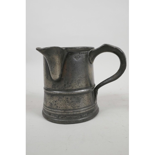 59 - An C18th pewter tankard repurposed to a jug in the mid C19th and belonging to Edwin Faux, landlord o... 