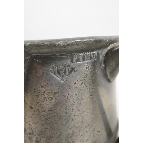 59 - An C18th pewter tankard repurposed to a jug in the mid C19th and belonging to Edwin Faux, landlord o... 