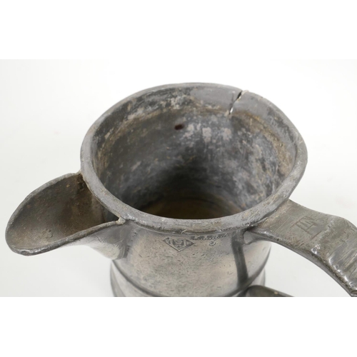 59 - An C18th pewter tankard repurposed to a jug in the mid C19th and belonging to Edwin Faux, landlord o... 