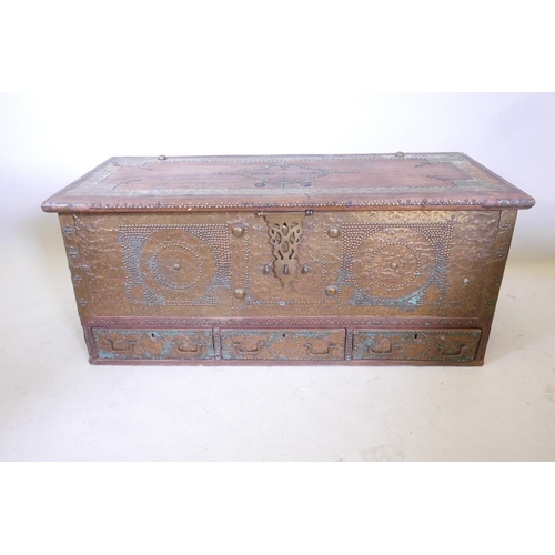 1847 - A C19th teak Zanzibar chest with brass stud and banded decoration, 50