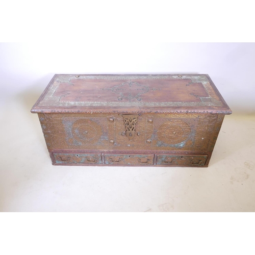 1847 - A C19th teak Zanzibar chest with brass stud and banded decoration, 50