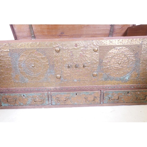 1847 - A C19th teak Zanzibar chest with brass stud and banded decoration, 50