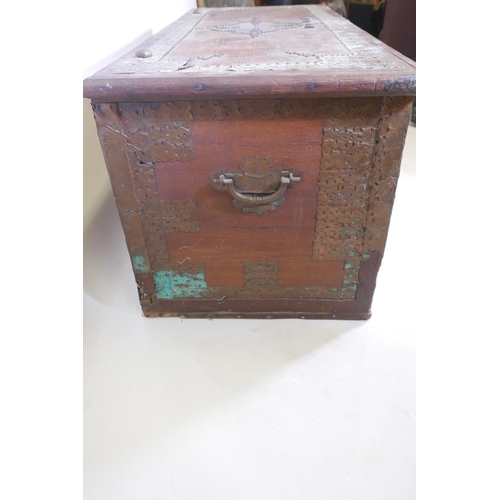 1847 - A C19th teak Zanzibar chest with brass stud and banded decoration, 50