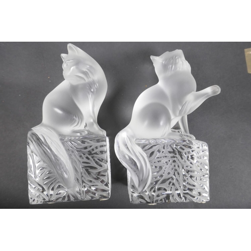 38 - A pair of Lalique frosted and clear glass bookends, modelled as cats, signed and dated Christmas 199... 