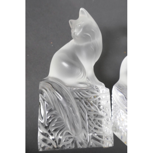 38 - A pair of Lalique frosted and clear glass bookends, modelled as cats, signed and dated Christmas 199... 