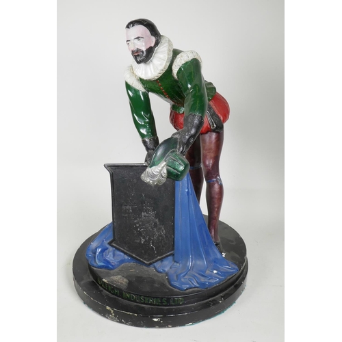 50F - A wood and plaster Raleigh Cycles advertising model, modelled as a figure with hat in hand holding a... 