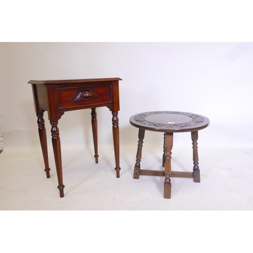 1168 - A hardwood single drawer side table and an oak occasional table with carved top, raised on turned su... 