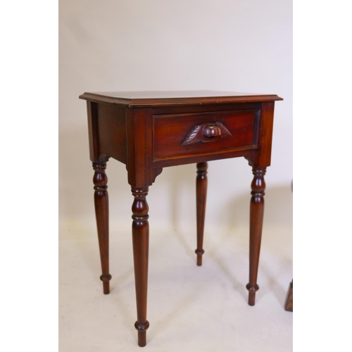 1168 - A hardwood single drawer side table and an oak occasional table with carved top, raised on turned su... 