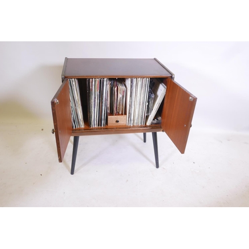 1177 - A mid century walnut record cabinet, complete with albums, classical, opera, dance etc, 24