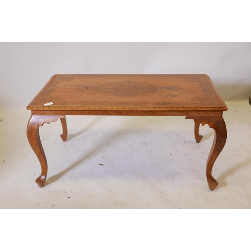 1178 - A Kashmiri teak and brass inlaid coffee table, raised on cabriole supports, 36