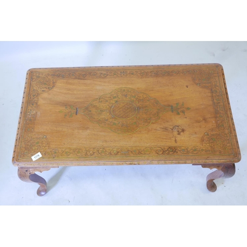 1178 - A Kashmiri teak and brass inlaid coffee table, raised on cabriole supports, 36