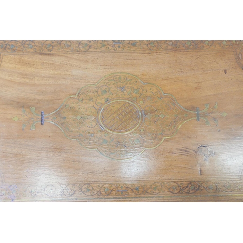 1178 - A Kashmiri teak and brass inlaid coffee table, raised on cabriole supports, 36