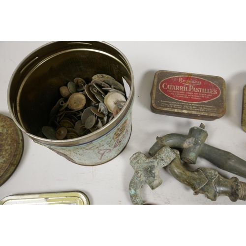 37 - A box of vintage tins and detectorist finds