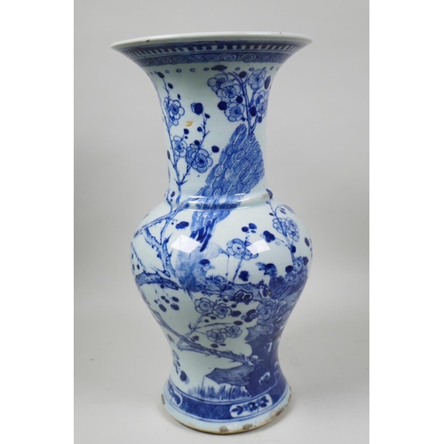 40 - A C19th Chinese blue and white porcelain vase decorated with peacocks and prunus blossom, 14