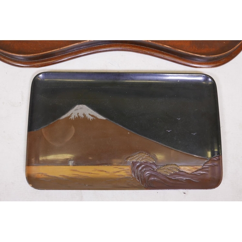 50B - A Japanese black lacquer tray with silver and abalone inlaid decoration depicting a Mt Fuji scene, t... 