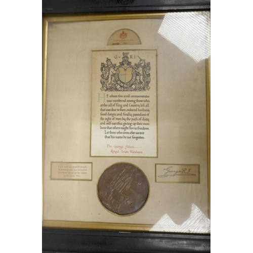 64 - A Commemorative Scroll dedicated to Private George Allan of the Royal Irish Fusiliers who died in WW... 