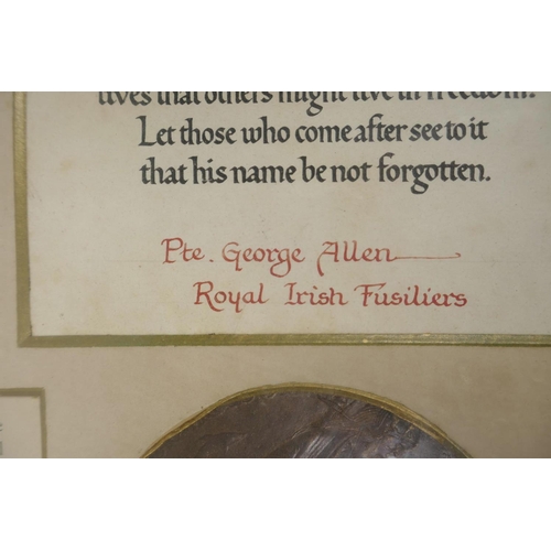 64 - A Commemorative Scroll dedicated to Private George Allan of the Royal Irish Fusiliers who died in WW... 