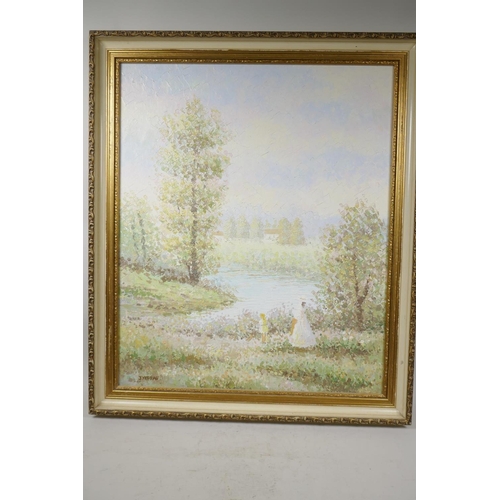 Figures by a woodland river contemporary impressionist oil on