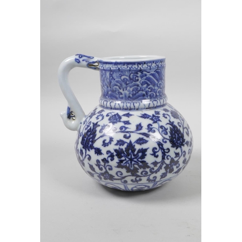 15 - A Chinese blue and white porcelain Ming style jug with scrolling lotus flower decoration, 4 characte... 