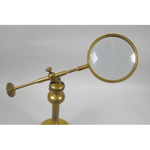 27 - A brass industrial style desk top magnifying glass on an  adjustable stand, glass 4