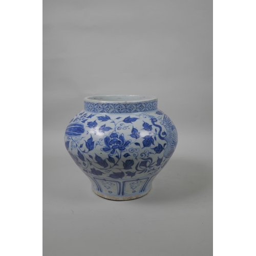 38 - A Chinese blue and white Yuan style jar decorated with phoenix and flowers, 8