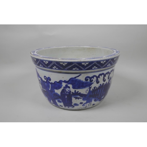 58 - A Chinese blue and white porcelain jardiniere decorated with figures in a landscape, star cracks to ... 