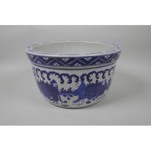 58 - A Chinese blue and white porcelain jardiniere decorated with figures in a landscape, star cracks to ... 