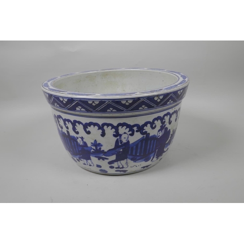 58 - A Chinese blue and white porcelain jardiniere decorated with figures in a landscape, star cracks to ... 