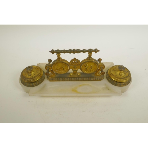 27 - A French ormolu and alabaster desk stand, 13