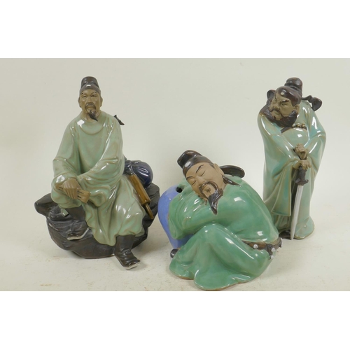 362 - Three Chinese, Shiwan style, mud men figures in green robes, largest 8