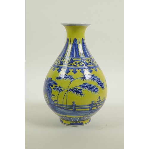 50 - A Chinese yellow glazed porcelain pear shaped vase with blue and white landscape decoration, seal ma... 